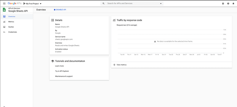 หน้ารายละเอียดการใช้งาน Google sheets api